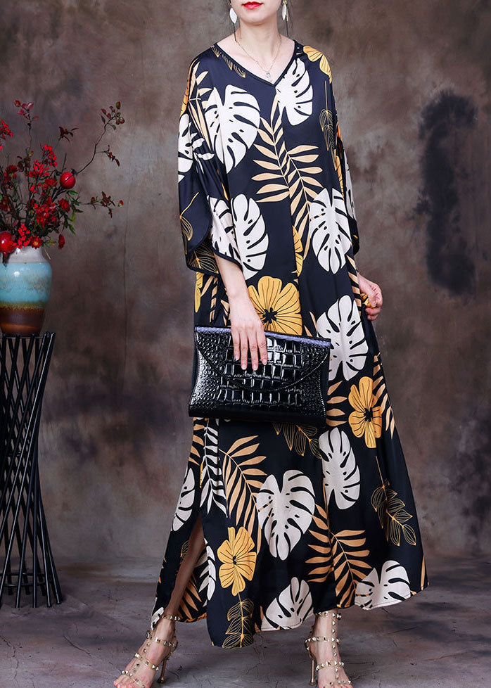 Black V Neck Print Side Open Sashes Silk Vacation Long Dress Bracelet Sleeve