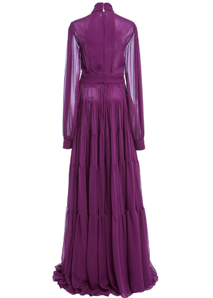 Purple Bow Wrinkled Hollow Out Chiffon Ankle Dress Fall