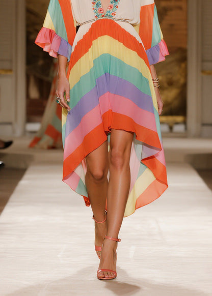 V Neck Print Low High Design Chiffon Dress Summer