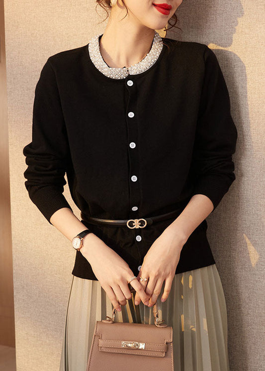 Black Slim Fit Wool Knit Cardigan O-neck Nail Bead Spring