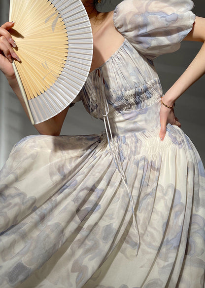 Square Collar Print Chiffon Maxi Dresses Sleeveless