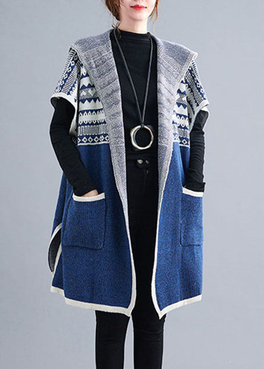 French Blue Hooded Side Open Short Sleeve Fall Knit Sweaters Coat/ships 30 Days