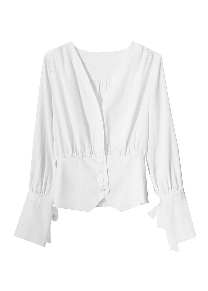 Original Design White V Neck Tunic Cotton Shirts Long Sleeve Spring