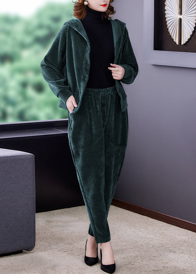 Loose Green Button Hooded Corduroy Coats and Harem Pants Two Pieces Set Long Sleeve