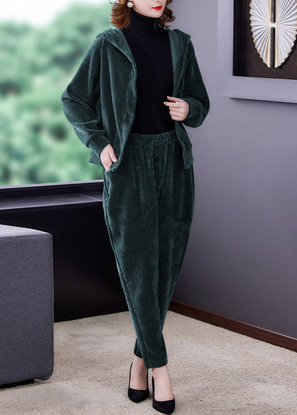 Loose Green Button Hooded Corduroy Coats and Harem Pants Two Pieces Set Long Sleeve