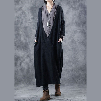 Black Grey V Neck Pockets Patchwork Fall Knit Long Sleeve Dress