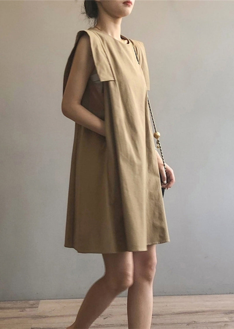 Khaki O-neck Cotton Day Dress Sleeveless