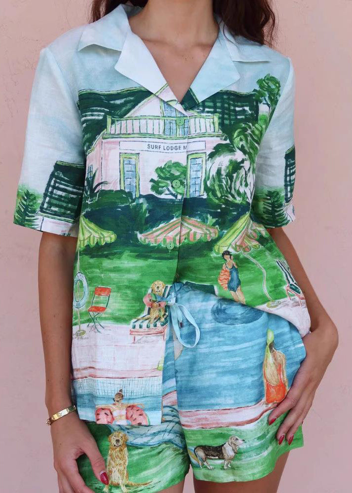 French Blue Print Shirts and Shorts Two Piece Set Short Sleeve