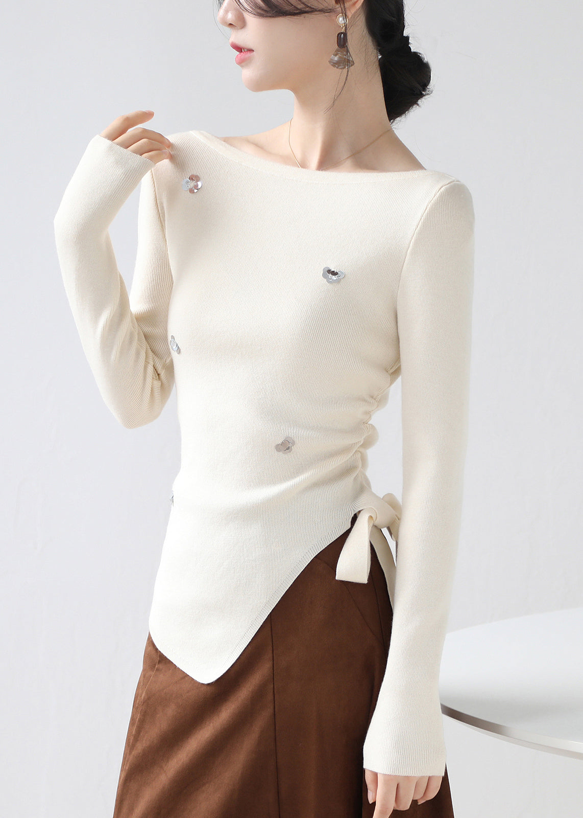 Beige Sequins Knit Sweater Asymmetrical Lace Up Winter