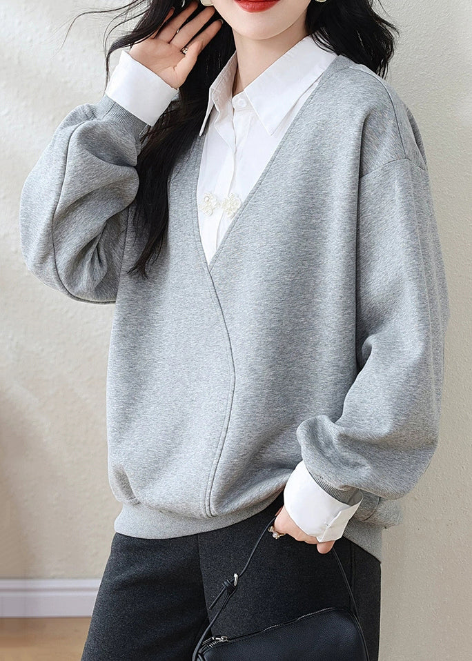 Grey Peter Pan Collar False Two Pieces Patchwork Cotton Sweatshirt Fall