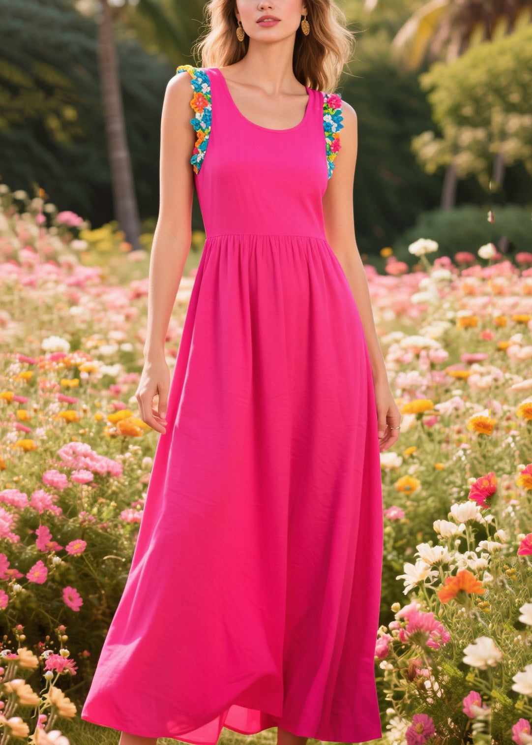 Rose U Neck Patchwork Cotton Long Dress Sleeveless