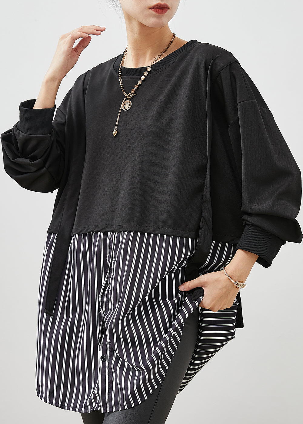 Black Oversized Patchwork Striped Cotton Sweatshirt Spring