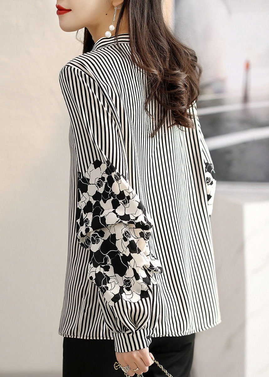 Handmade Black Striped Stand Collar Patchwork Print Chiffon Shirt Long Sleeve Fall