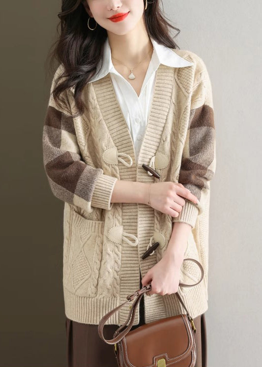 Beige V Neck Button Patchwork Knit Cardigans Fall