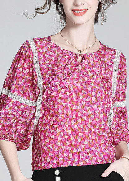 Rose O-neck Print Neck Tie Silk Tops Short Sleeve