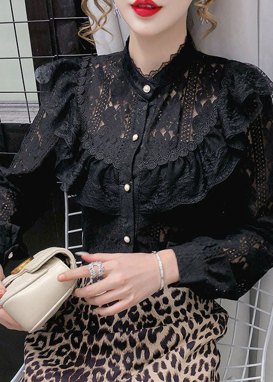 French Black Stand Collar Ruffled Lace Blouse Tops Long Sleeve