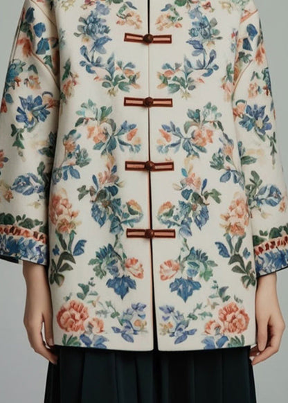 Apricot Stand Collar Print Coats Bracelet Sleeve