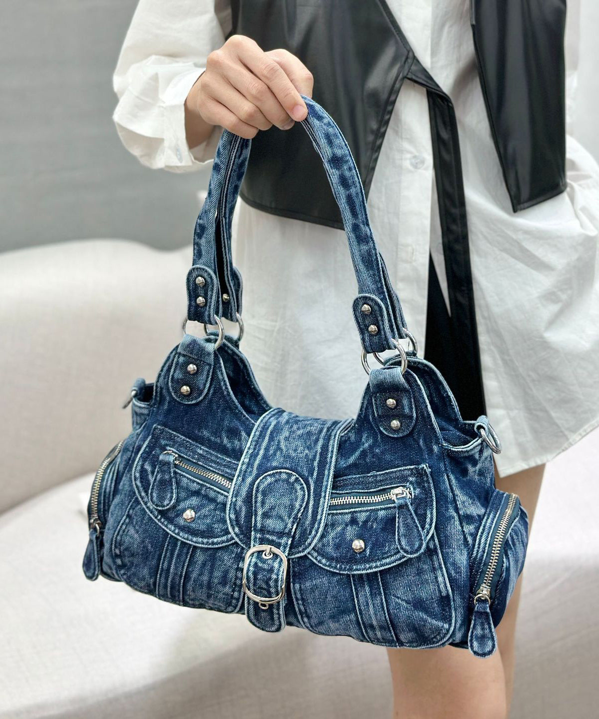 Blue Pockets Patchwork Denim Hobo Bag