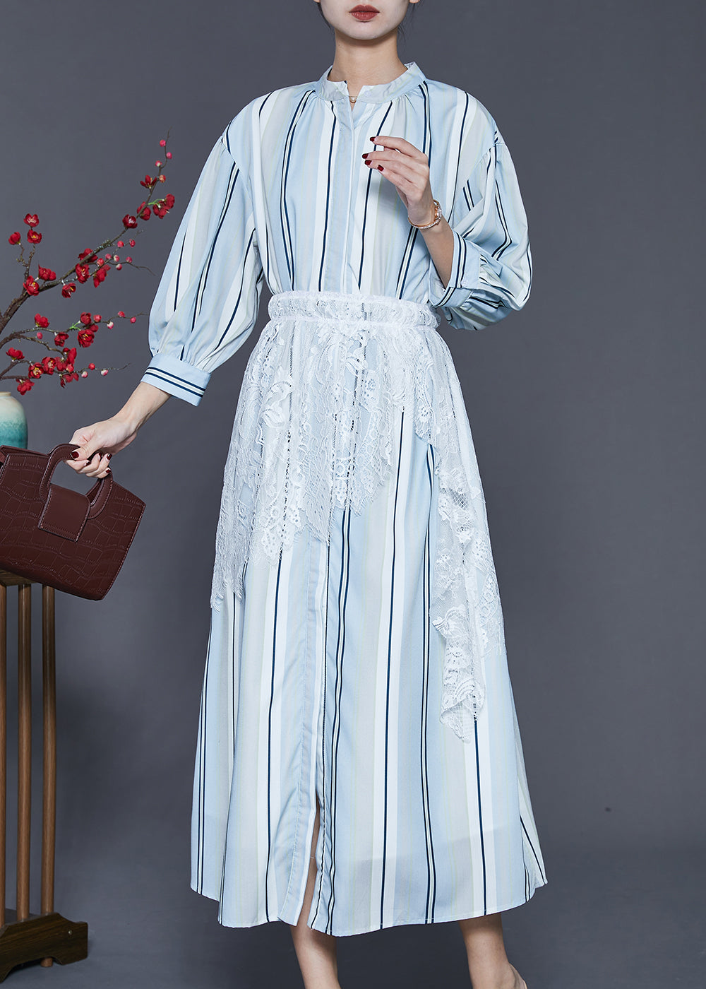 Light Blue Striped Patchwork Lace Cotton Dresses Spring