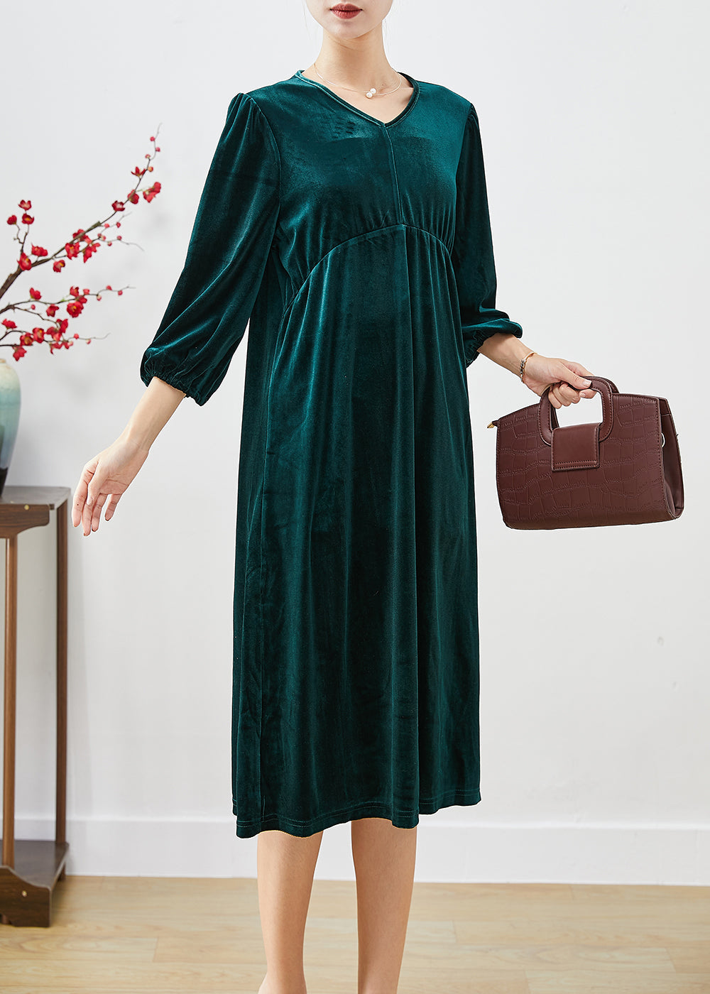 Peacock Green Oversized Patchwork Silk Velour Holiday Dress Lantern Sleeve