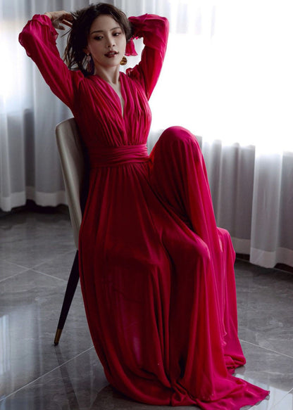 Red V Neck Patchwork Slim Silk Maxi Dresses Fall