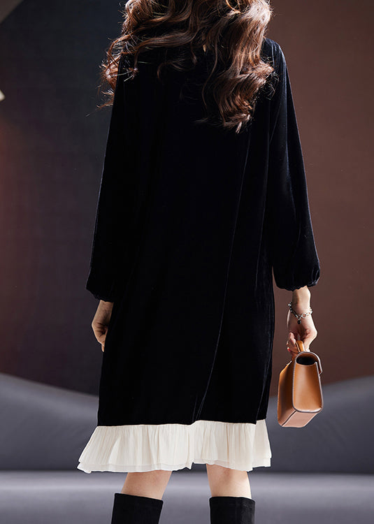 Fine Black O Neck Nail Bead Patchwork Velour Dress Fall