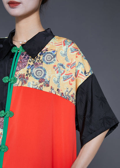 Black Print Patchwork Low High Design Silk Two Pieces Set Summer