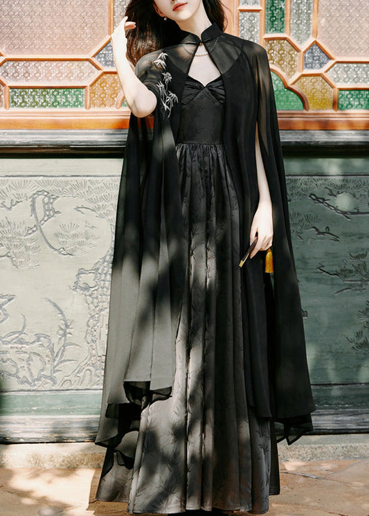 Black Embroidered Cape and Spaghetti Strap Dress Silk 2 Piece Outfit Spring
