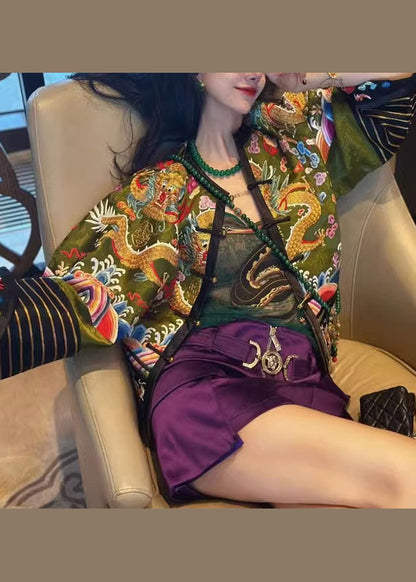 Chinese Style Yellow Embroideried Button Patchwork Cotton Jackets Fall