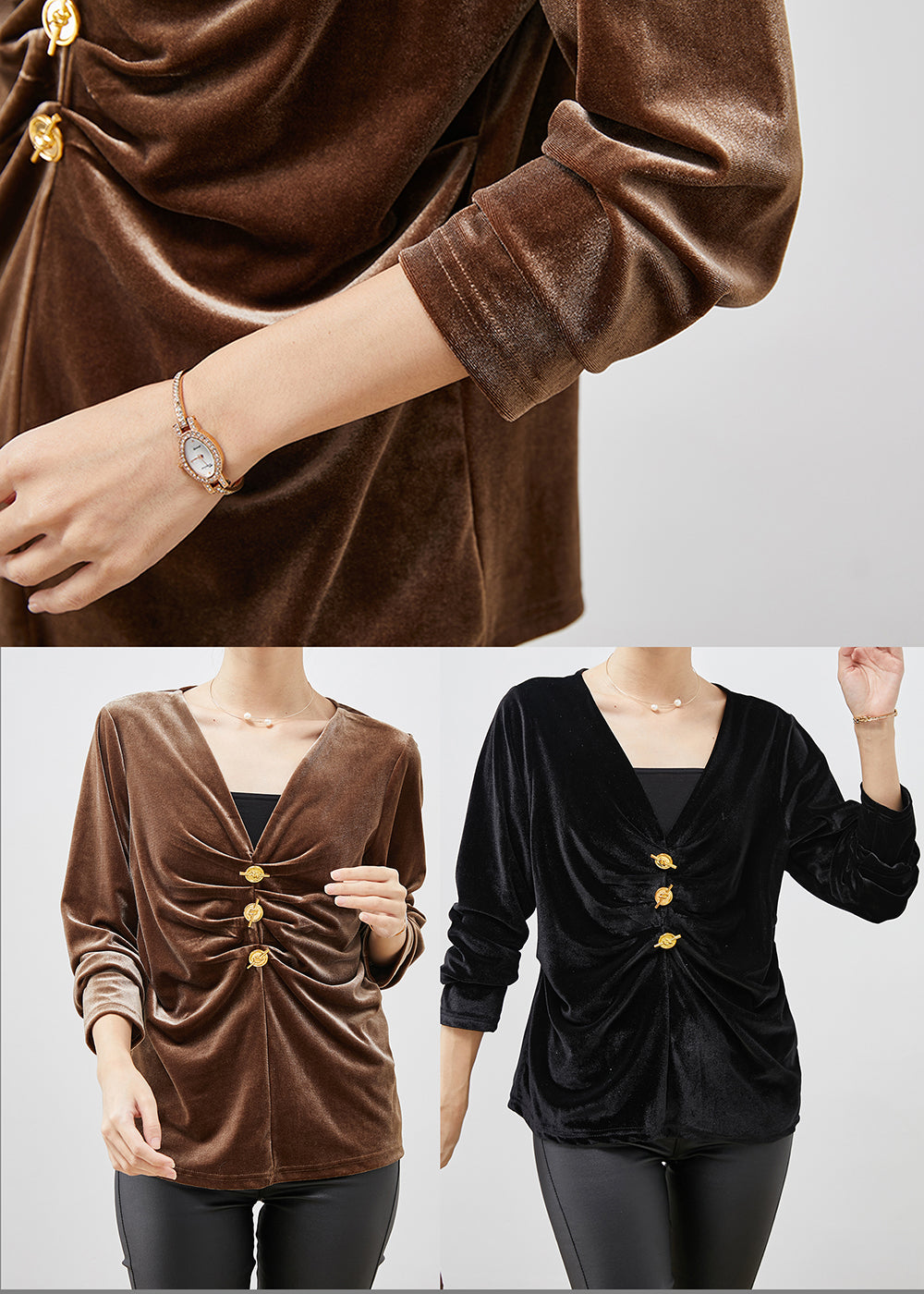 Black V Neck Wrinkled Silk Velour Blouse Tops Spring