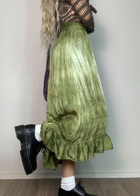 Green Wrinkled Patchwork Print Cotton Skirt Spring
