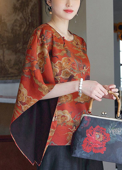 New Red O-neck Print Silk T Shirt Half Sleeve