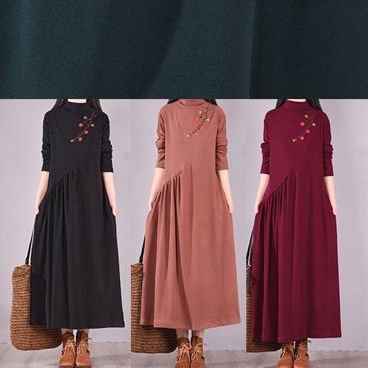 Handmade Blackish Green Embroidery Clothes High Neck Cinched Robes Spring Dresses