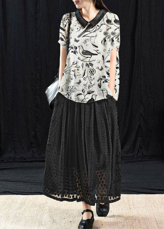 White Flowers and Birds Patchwork Turn-down Collar Summer Short Sleeve Top
