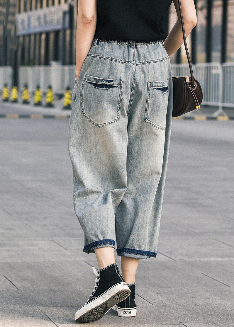 Blue Oversized Patchwork Applique Denim Ripped Pants Summer