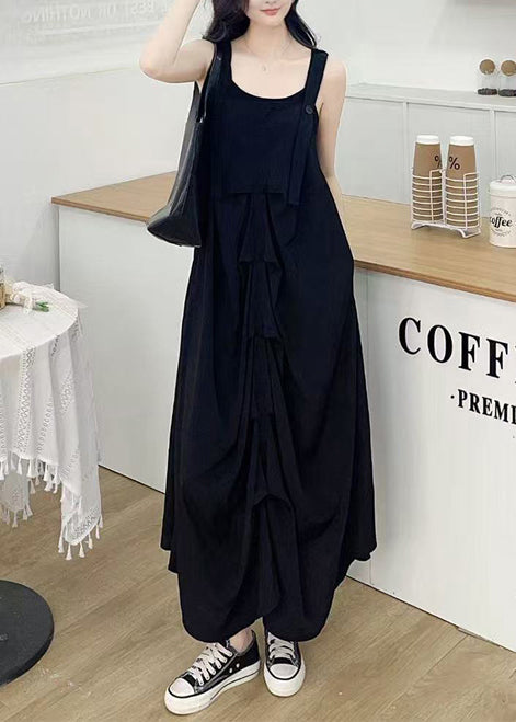 Black Wrinkled Cotton Cami Dresses Summer