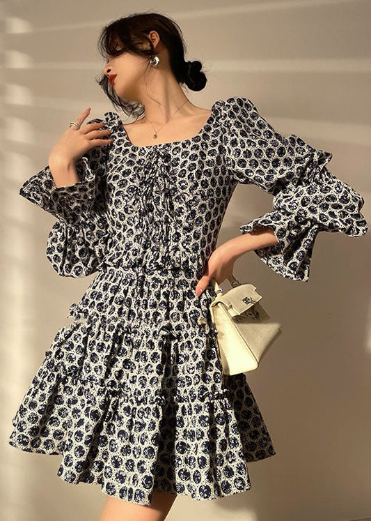 Black Print Cotton Pleated Dress Two Piece Set Clothing Lace Up Long Sleeve