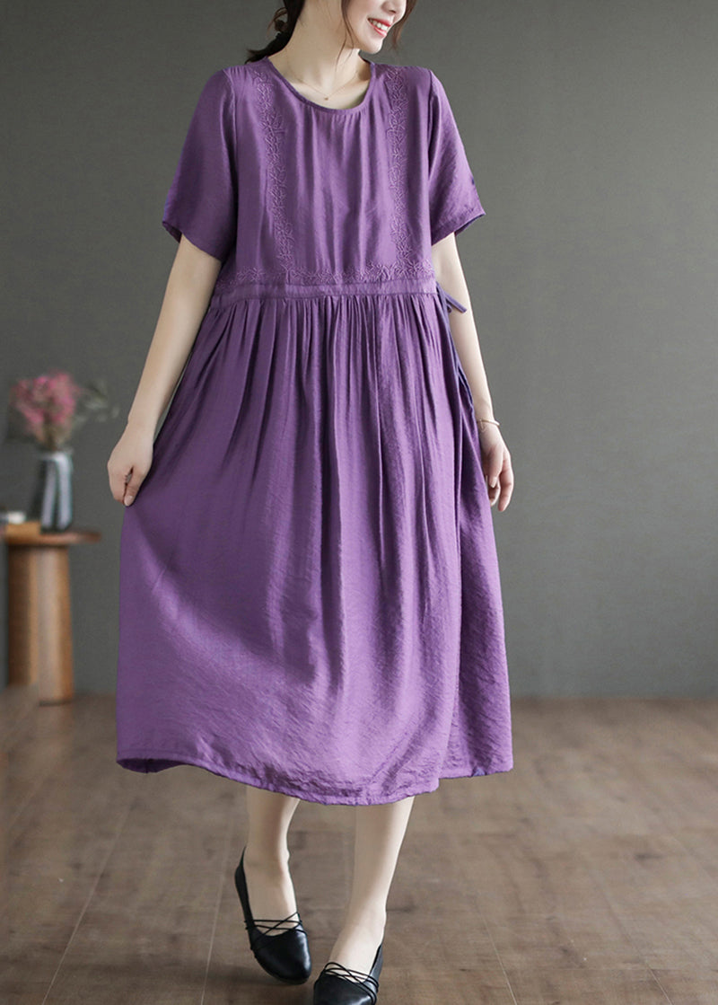 Classy Purple O-neck Embroideried Cotton Dress Summer