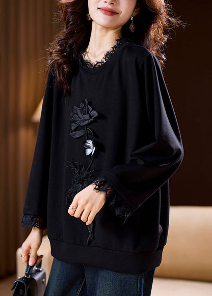 Loose Black O-neck Lace Patchwork Cotton T Shirt Spring