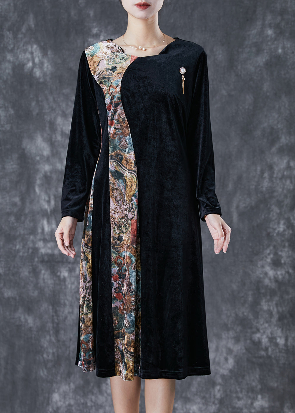 Black Exra Large Hem Patchwork Silk Velour Vacation Dresses Fall