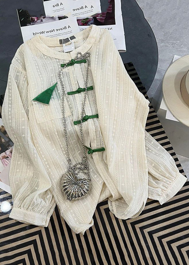 White Hollow Out Chinese Button Cotton Upf 50+ Shirt Tops Fall