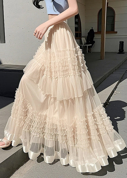 Apricot Ruffled Elastic Waist Tulle Maxi Skirts Summer