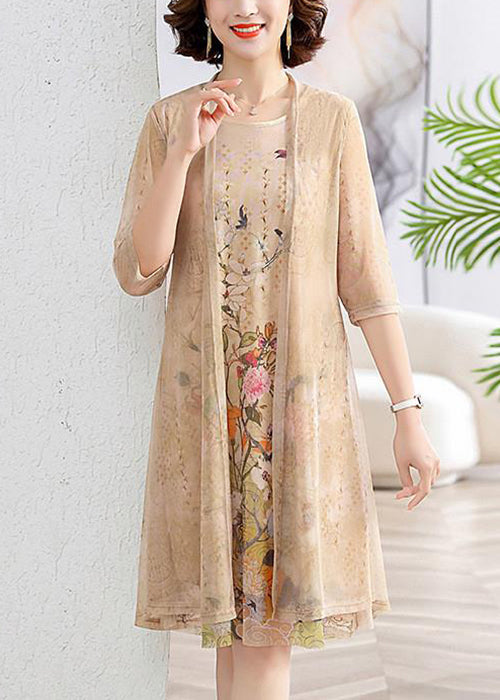 Loose Khaki Cardigan and Dress Chiffon Two Piece Set Summer