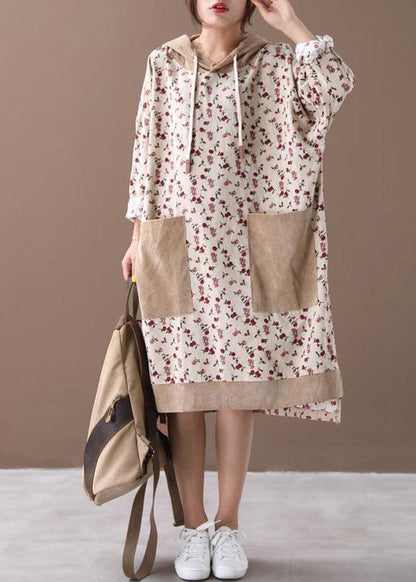 Khaki Hooded Print Corduroy Sweatshirts Dresses Spring