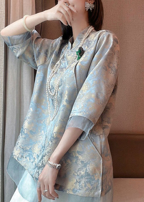 Original Design Light Blue Tulle Patchwork Jacquard Cotton Blend Shirts Half Sleeve