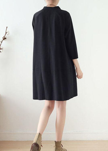 Black Zippered Cotton Long Sleeve Pockets Fall Dress