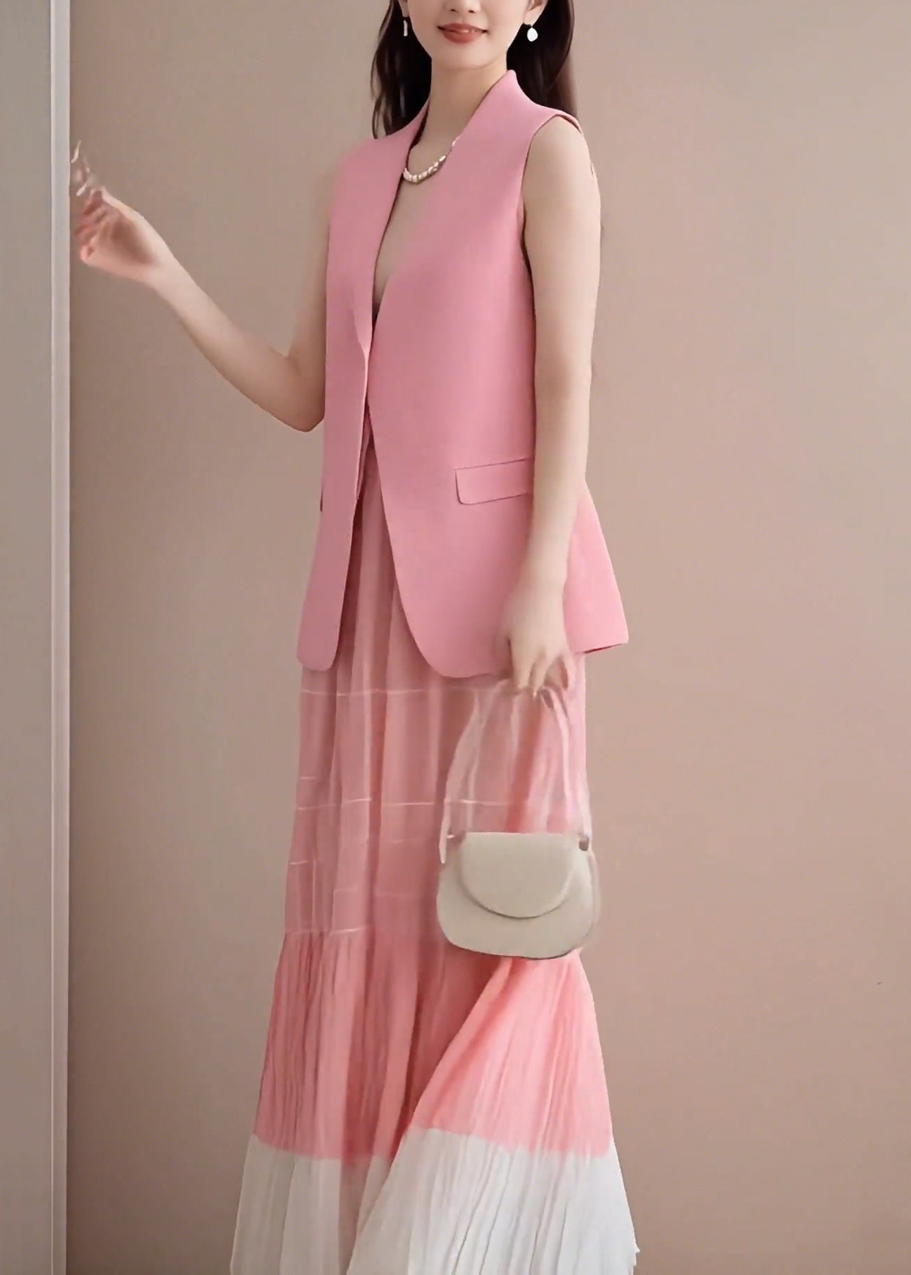 Pink V Neck Waistcoat and Wrinkled Skirts Two Pieces Set Sleeveless