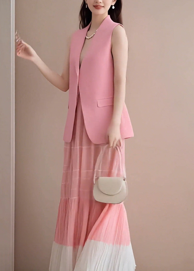 Pink V Neck Waistcoat and Wrinkled Skirts Two Pieces Set Sleeveless