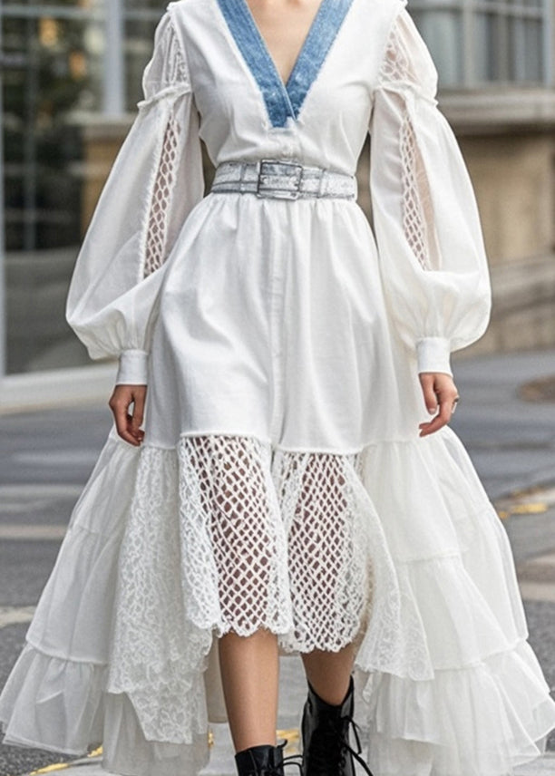 White Cinched Patchwork Hollow Out Cotton Dress Spring