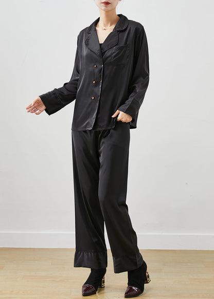 Black Peter Pan Collar Double Breast Ice Silk Two Piece Set Clothing Fall